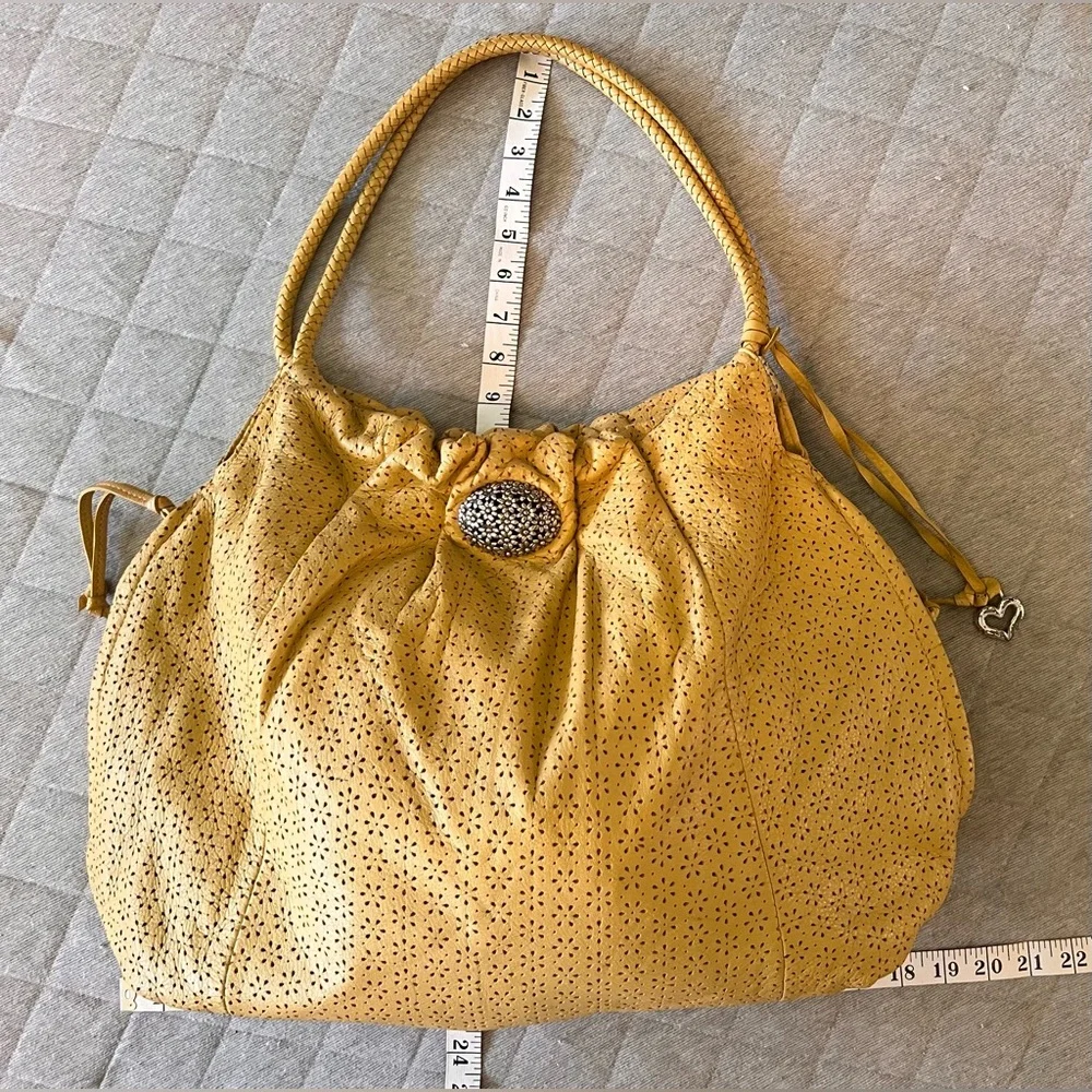 BRIGHTON Large Butter Yellow Leather Francie Daisy Cutout Hobo Boho Bag